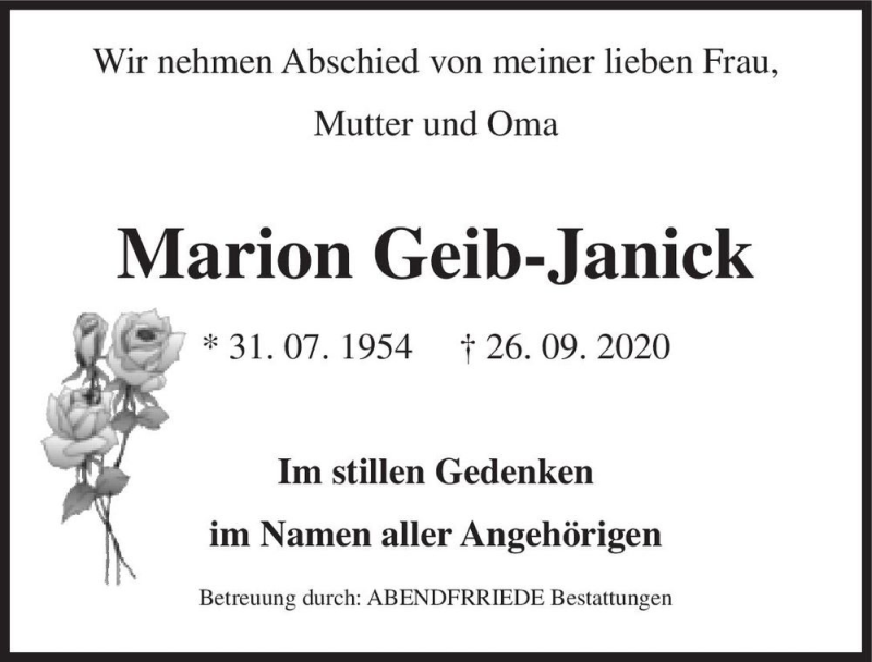  Traueranzeige für Marion Geib-Janick  vom 10.10.2020 aus Magdeburger Volksstimme