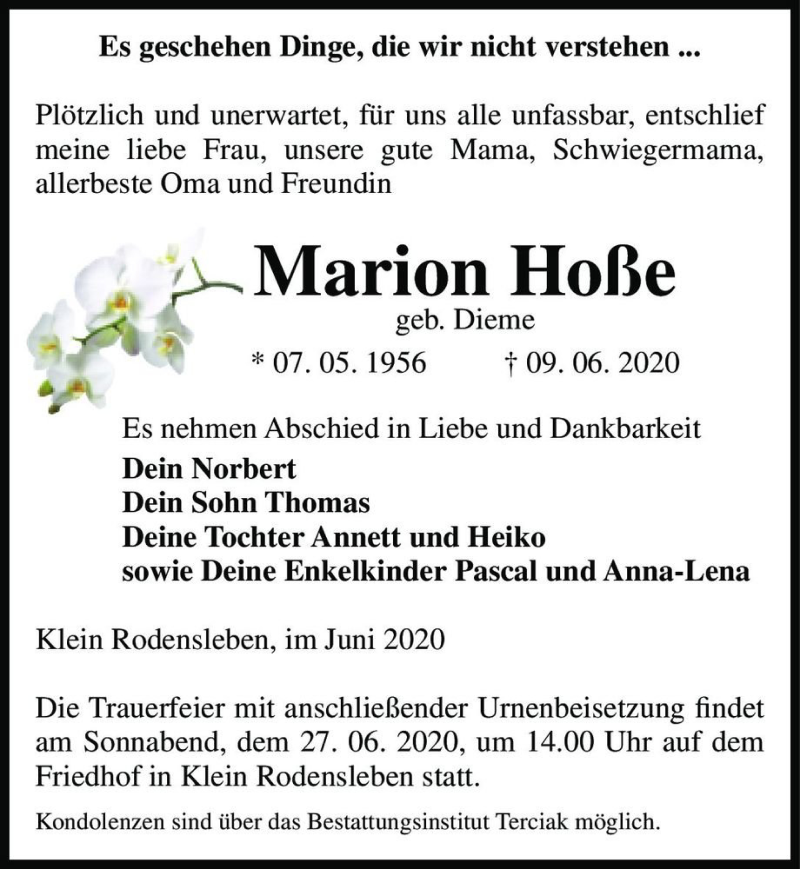  Traueranzeige für Marion Hoße (geb. Dieme)  vom 13.06.2020 aus Magdeburger Volksstimme