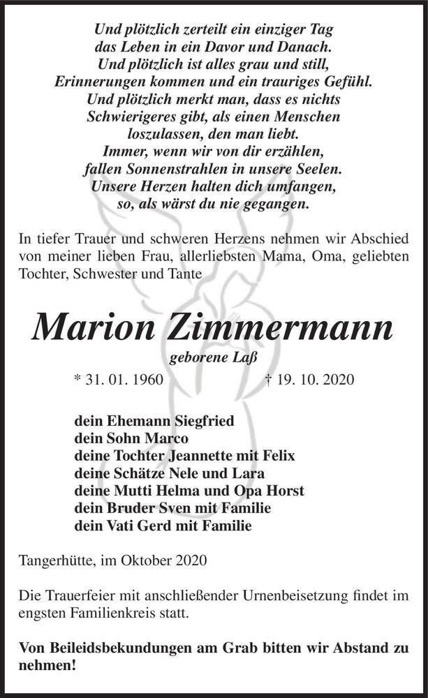  Traueranzeige für Marion Zimmermann (geb. Laß)  vom 24.10.2020 aus Magdeburger Volksstimme