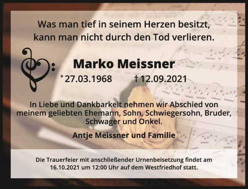  Traueranzeige für Marko Meissner  vom 02.10.2021 aus Magdeburger Volksstimme