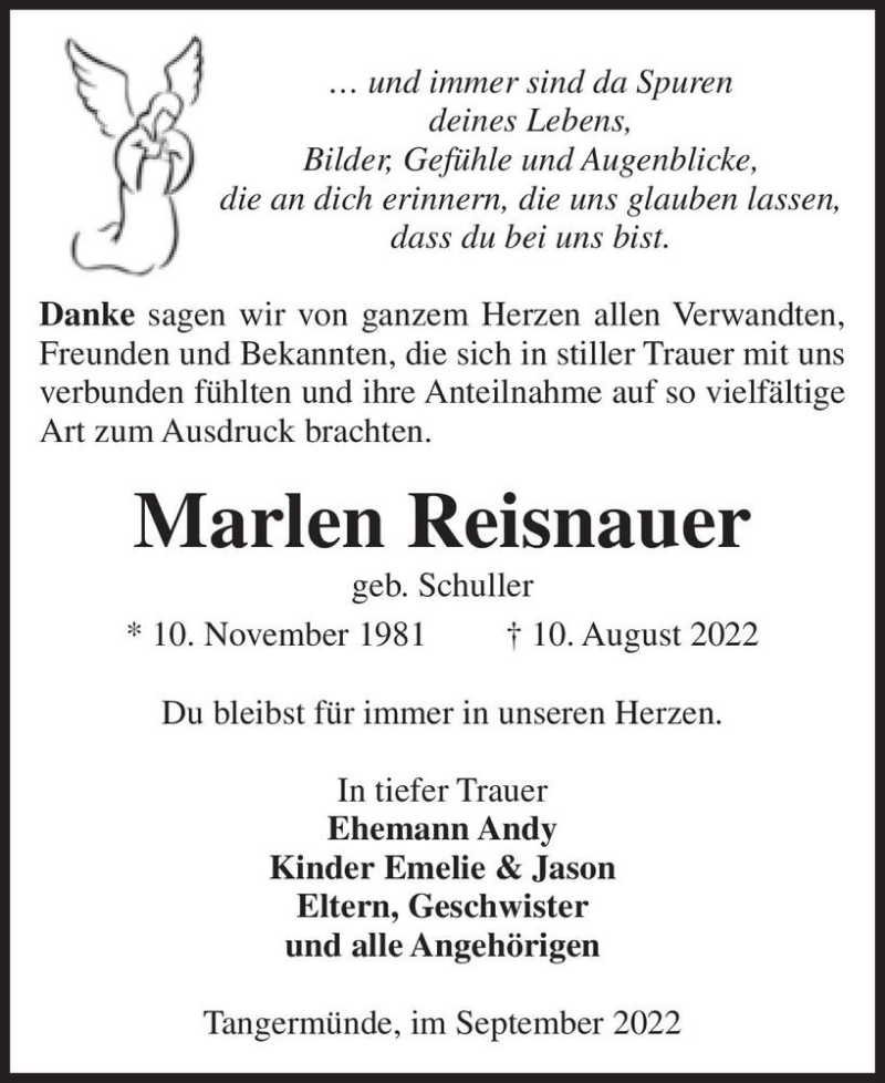  Traueranzeige für Marlen Reisnauer (geb. Schuller)  vom 10.09.2022 aus Magdeburger Volksstimme