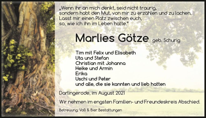  Traueranzeige für Marlies Götze (geb. Schurig)  vom 28.08.2021 aus Magdeburger Volksstimme