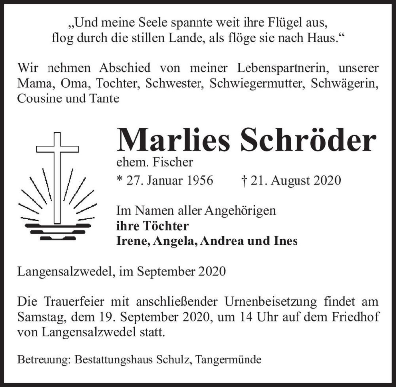  Traueranzeige für Marlies Schröder (ehem. Fischer)  vom 09.09.2020 aus Magdeburger Volksstimme