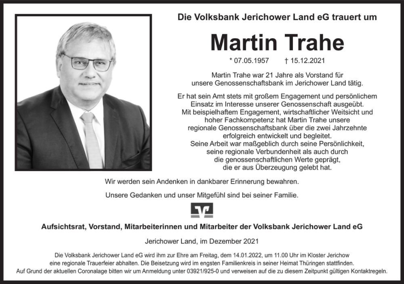  Traueranzeige für Martin Trahe  vom 23.12.2021 aus Magdeburger Volksstimme