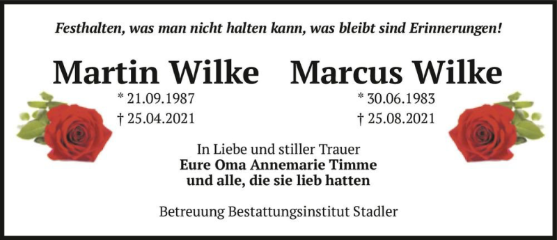  Traueranzeige für Martin Wilke und Marcus Wilke  vom 18.09.2021 aus Magdeburger Volksstimme