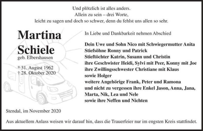  Traueranzeige für Martina Schiele (geb. Elbershausen)  vom 13.11.2020 aus Magdeburger Volksstimme