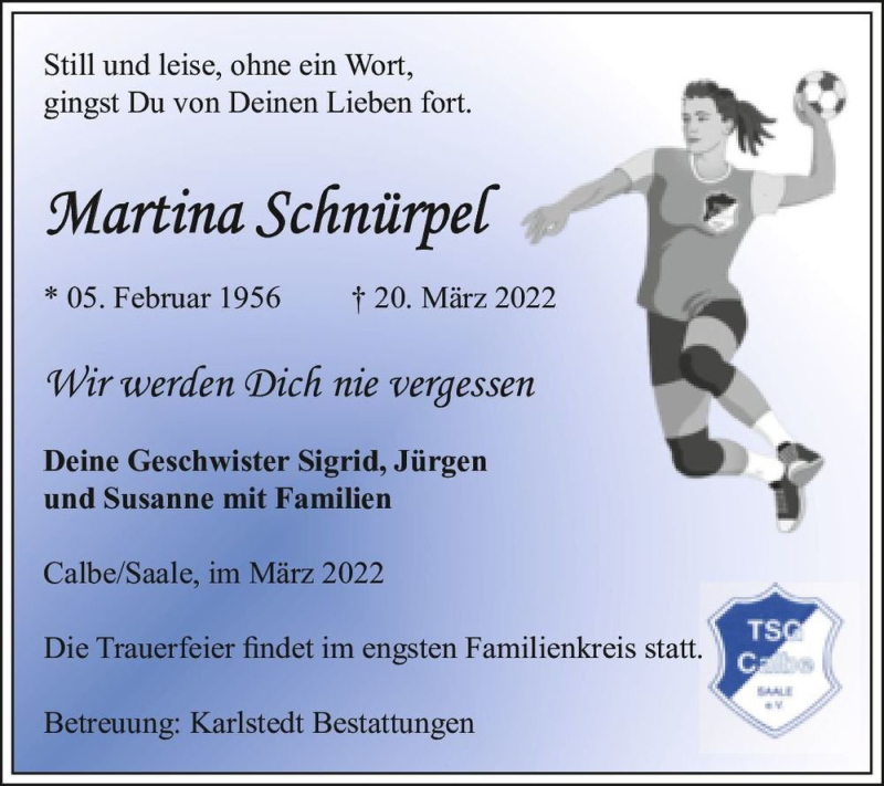  Traueranzeige für Martina Schnürpel  vom 26.03.2022 aus Magdeburger Volksstimme