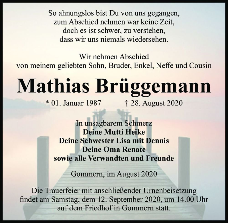  Traueranzeige für Mathias Brüggemann  vom 05.09.2020 aus Magdeburger Volksstimme