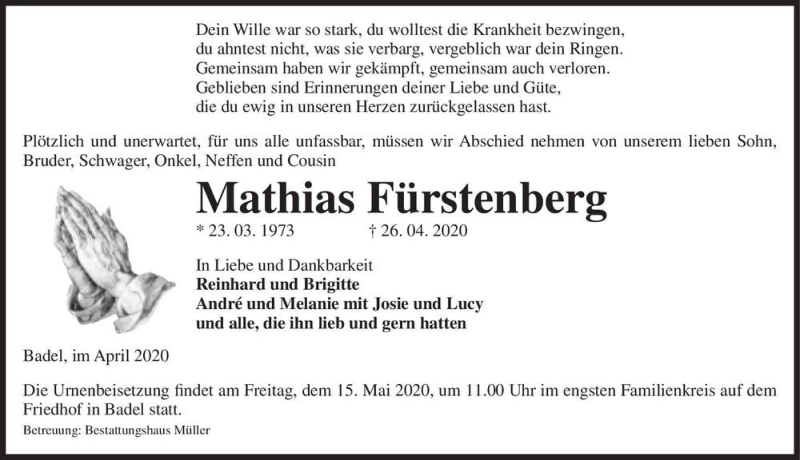  Traueranzeige für Mathias Fürstenberg  vom 29.04.2020 aus Magdeburger Volksstimme