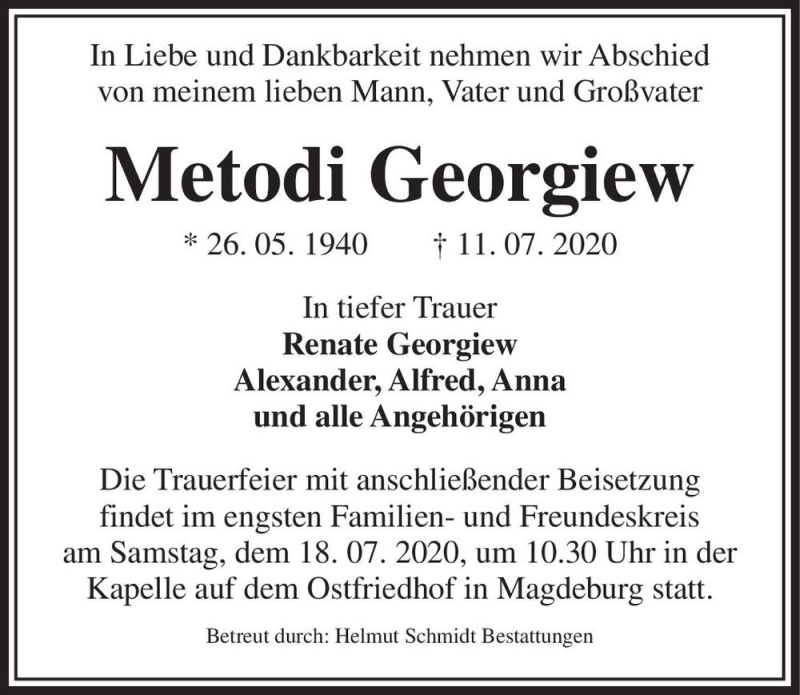  Traueranzeige für Metodi Georgiew  vom 15.07.2020 aus Magdeburger Volksstimme