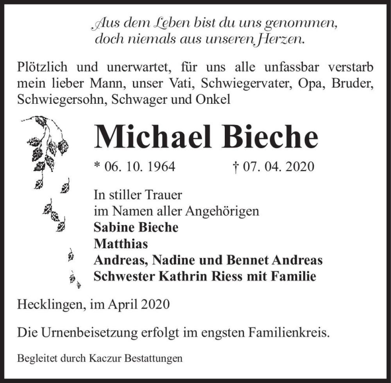  Traueranzeige für Michael Bieche  vom 14.04.2020 aus Magdeburger Volksstimme