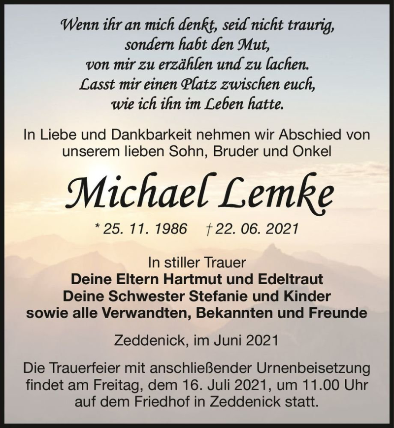  Traueranzeige für Michael Lemke  vom 10.07.2021 aus Magdeburger Volksstimme