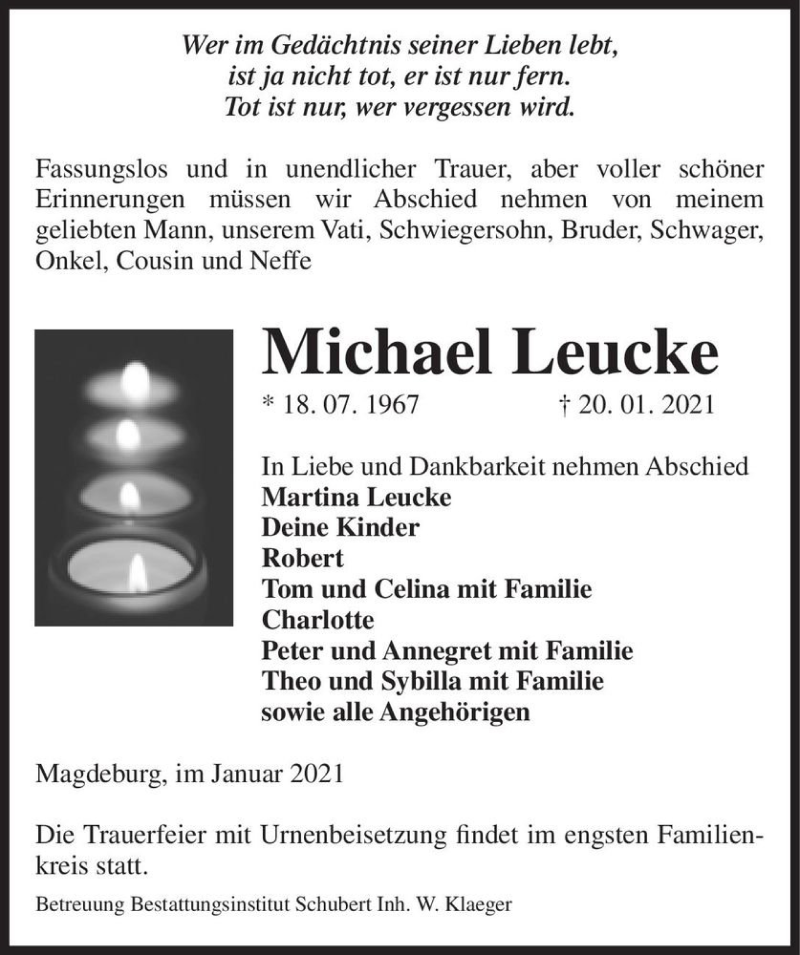  Traueranzeige für Michael Leucke  vom 30.01.2021 aus Magdeburger Volksstimme