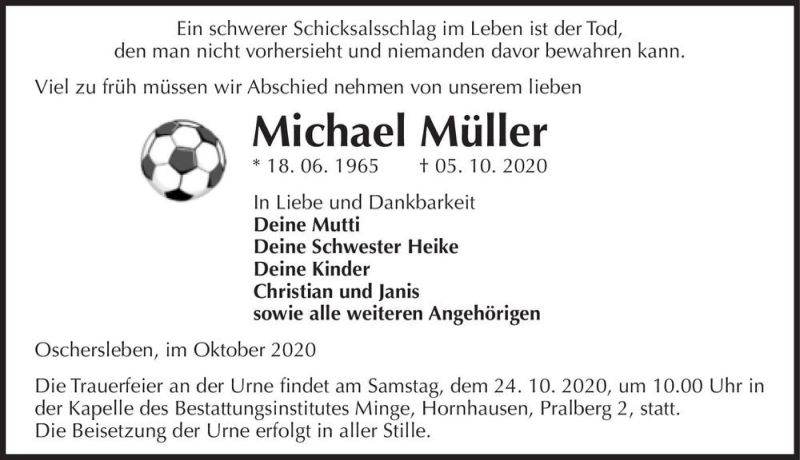  Traueranzeige für Michael Müller  vom 10.10.2020 aus Magdeburger Volksstimme