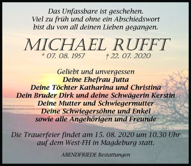  Traueranzeige für Michael Rufft  vom 01.08.2020 aus Magdeburger Volksstimme