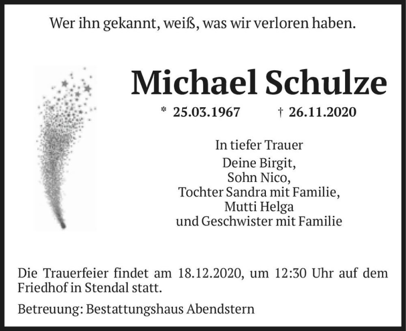  Traueranzeige für Michael Schulze  vom 12.12.2020 aus Magdeburger Volksstimme