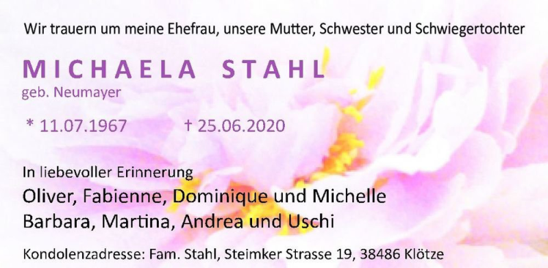  Traueranzeige für Michaela Stahl (geb. Neumayer)  vom 04.07.2020 aus Magdeburger Volksstimme