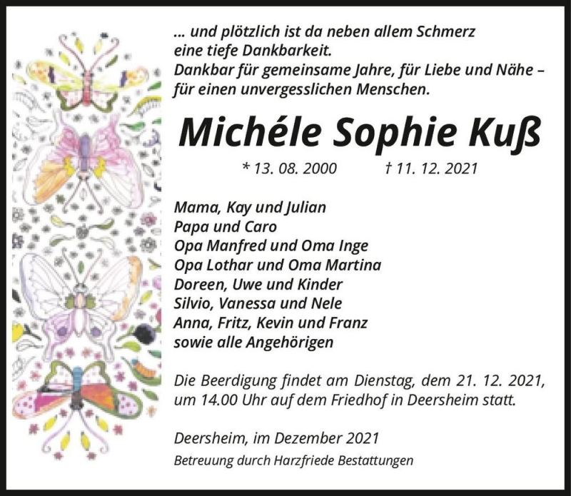  Traueranzeige für Michéle Sophie Kuß  vom 16.12.2021 aus Magdeburger Volksstimme