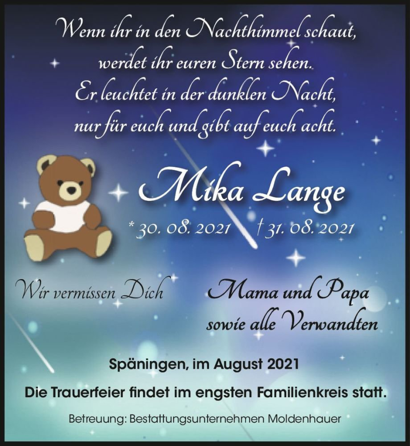  Traueranzeige für Mika Lange  vom 04.09.2021 aus Magdeburger Volksstimme