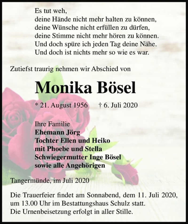  Traueranzeige für Monika Bösel  vom 08.07.2020 aus Magdeburger Volksstimme