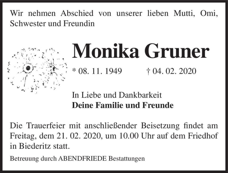  Traueranzeige für Monika Gruner  vom 15.02.2020 aus Magdeburger Volksstimme