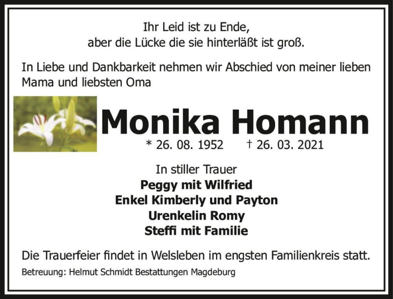  Traueranzeige für Monika Homann  vom 10.04.2021 aus Magdeburger Volksstimme