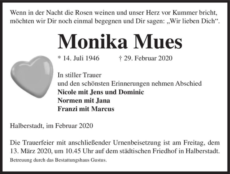  Traueranzeige für Monika Mues  vom 07.03.2020 aus Magdeburger Volksstimme