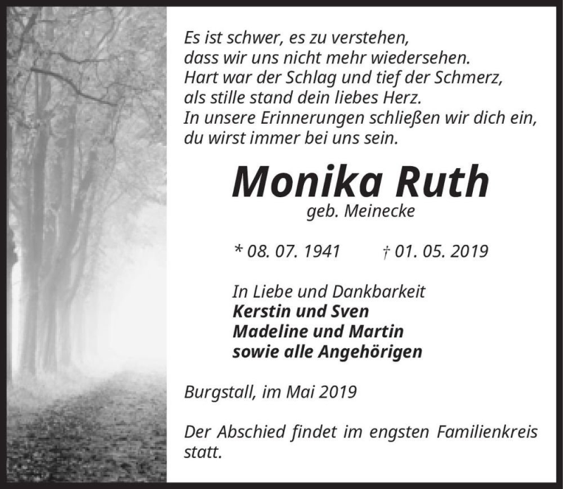  Traueranzeige für Monika Ruth (geb. Meinecke)  vom 08.05.2019 aus Magdeburger Volksstimme