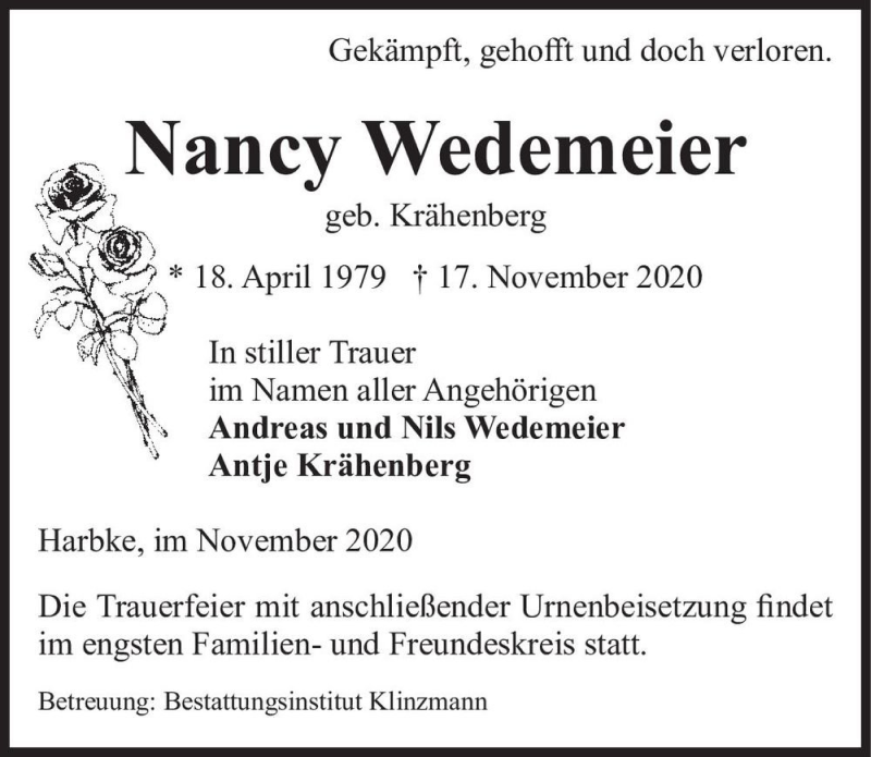  Traueranzeige für Nancy Wedemeier (geb. Krähenberg)  vom 21.11.2020 aus Magdeburger Volksstimme