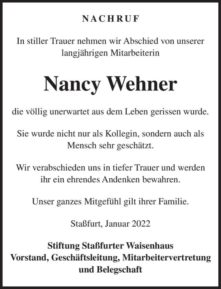  Traueranzeige für Nancy Wehner  vom 05.02.2022 aus Magdeburger Volksstimme