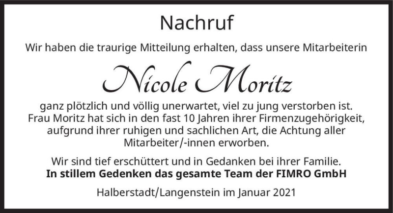  Traueranzeige für Nicole Moritz  vom 04.02.2021 aus Magdeburger Volksstimme