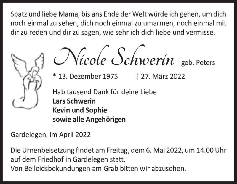  Traueranzeige für Nicole Schwerin (geb. Peters)  vom 19.04.2022 aus Magdeburger Volksstimme
