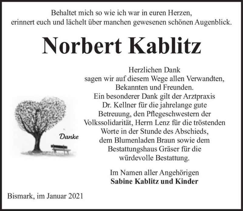  Traueranzeige für Norbert Kablitz  vom 09.01.2021 aus Magdeburger Volksstimme