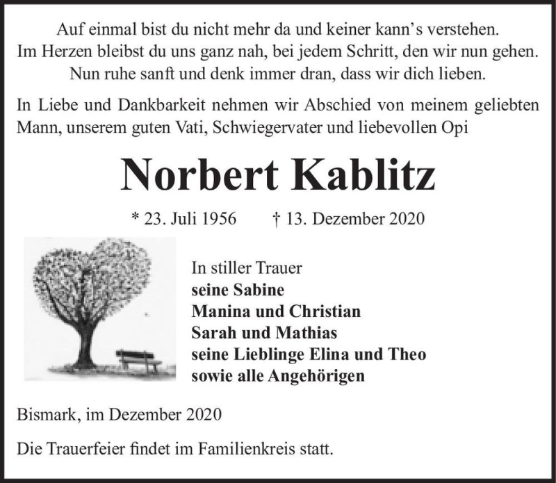  Traueranzeige für Norbert Kablitz  vom 19.12.2020 aus Magdeburger Volksstimme