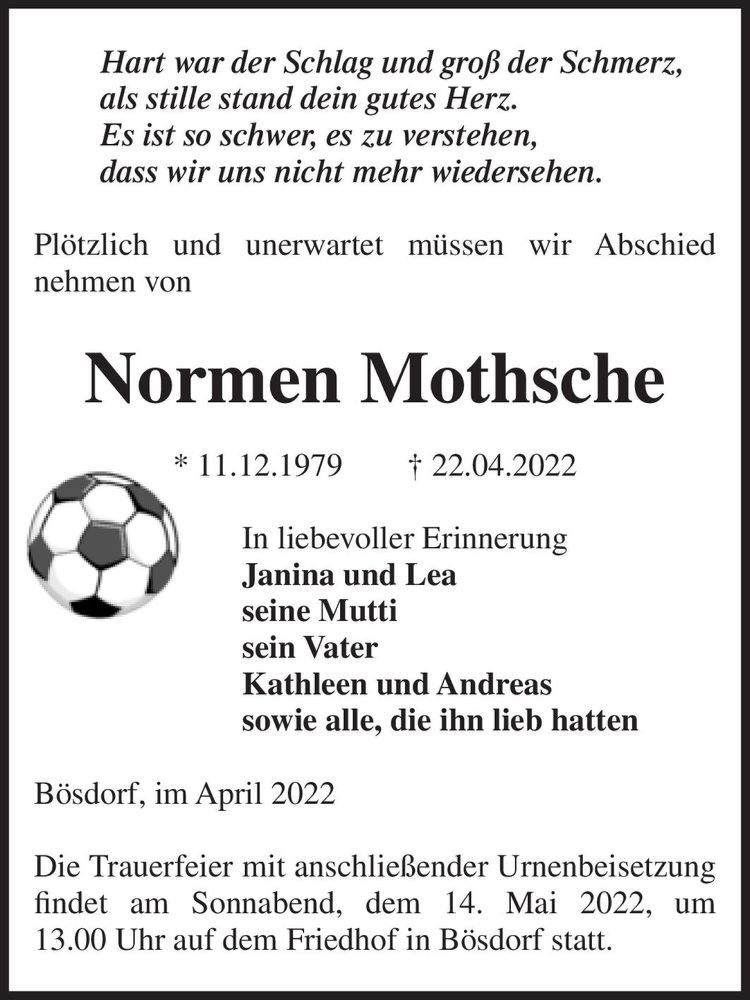  Traueranzeige für Normen Mothsche  vom 30.04.2022 aus Magdeburger Volksstimme