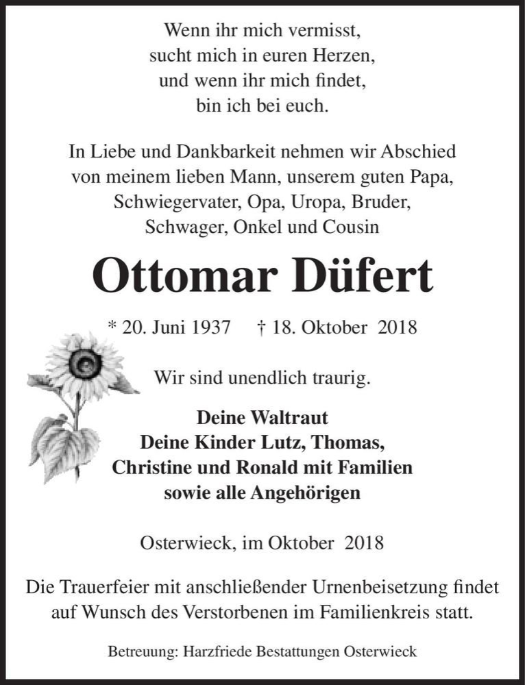  Traueranzeige für Ottomar Düfert  vom 27.10.2018 aus Magdeburger Volksstimme