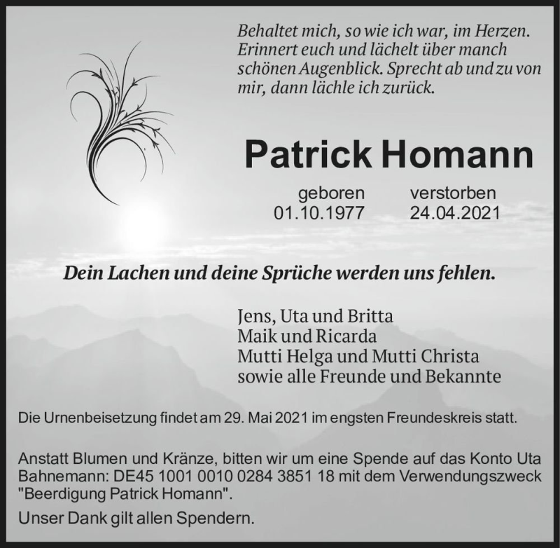 Traueranzeige für Patrick Homann  vom 08.05.2021 aus Magdeburger Volksstimme