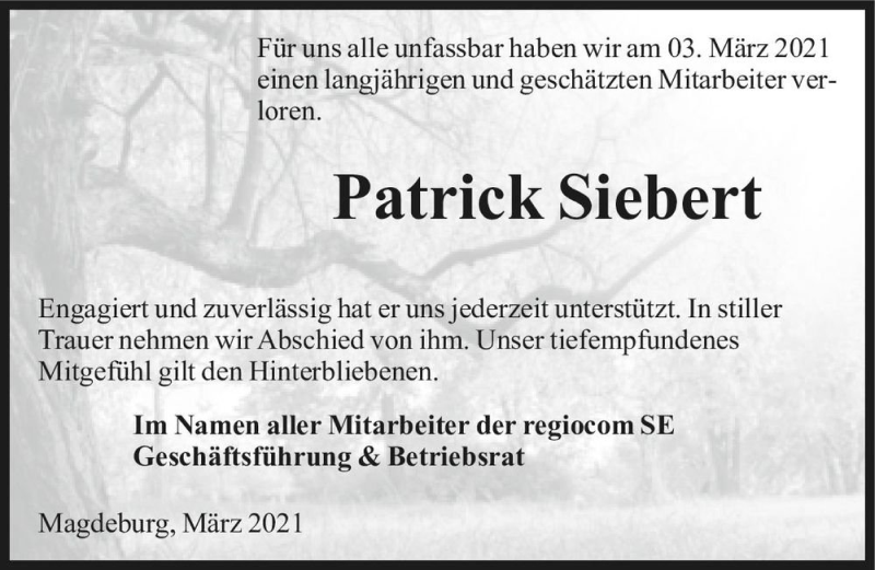  Traueranzeige für Patrick Siebert  vom 03.04.2021 aus Magdeburger Volksstimme