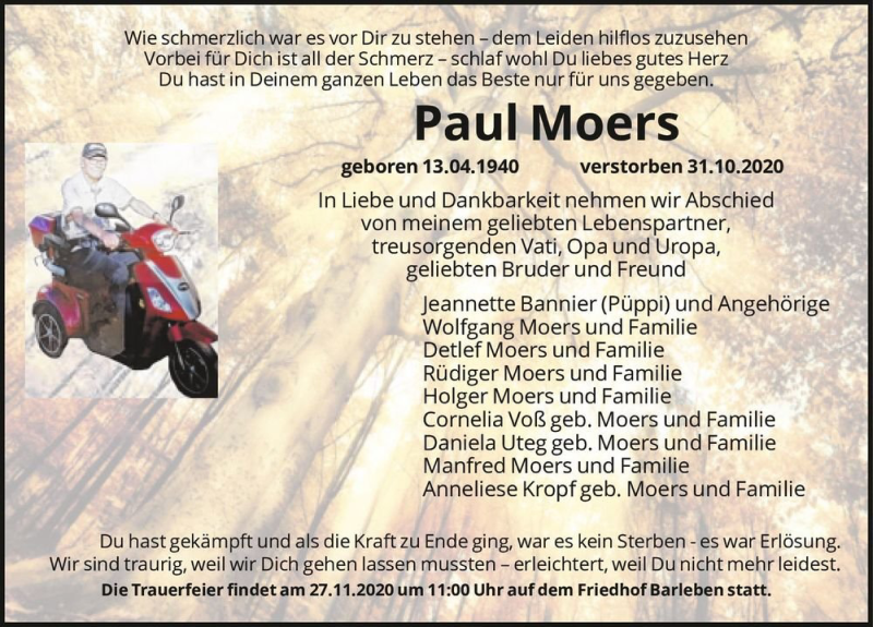  Traueranzeige für Paul Moers  vom 14.11.2020 aus Magdeburger Volksstimme