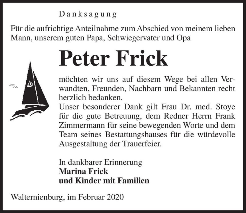  Traueranzeige für Peter Frick  vom 15.02.2020 aus Magdeburger Volksstimme