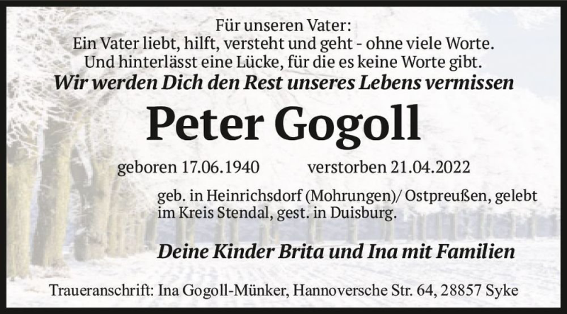  Traueranzeige für Peter Gogoll  vom 30.04.2022 aus Magdeburger Volksstimme