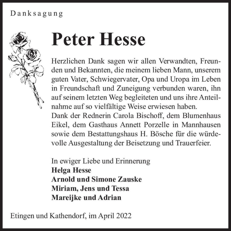  Traueranzeige für Peter Hesse  vom 03.05.2022 aus Magdeburger Volksstimme