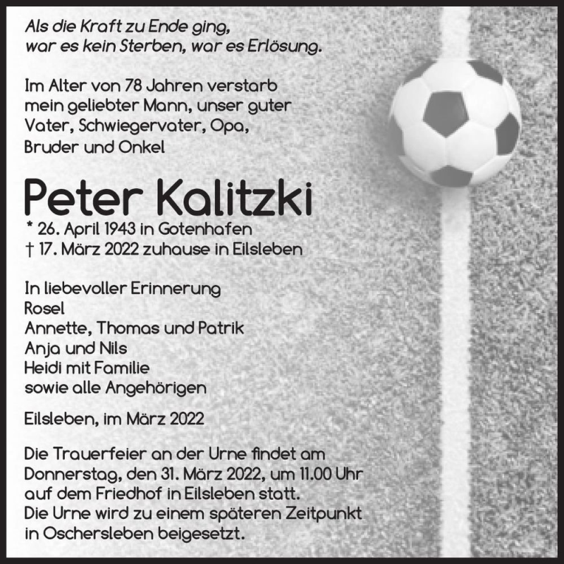  Traueranzeige für Peter Kalitzki  vom 26.03.2022 aus Magdeburger Volksstimme