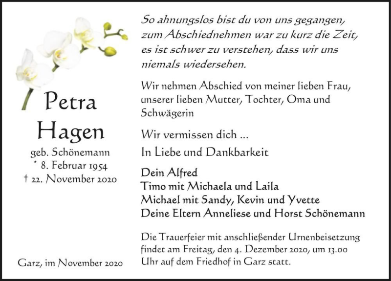  Traueranzeige für Petra Hagen (geb. Schönemann)  vom 27.11.2020 aus Magdeburger Volksstimme