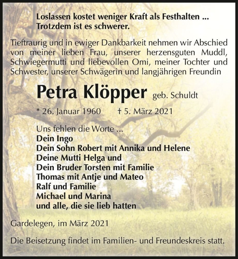  Traueranzeige für Petra Klöpper (geb. Schuldt)  vom 13.03.2021 aus Magdeburger Volksstimme