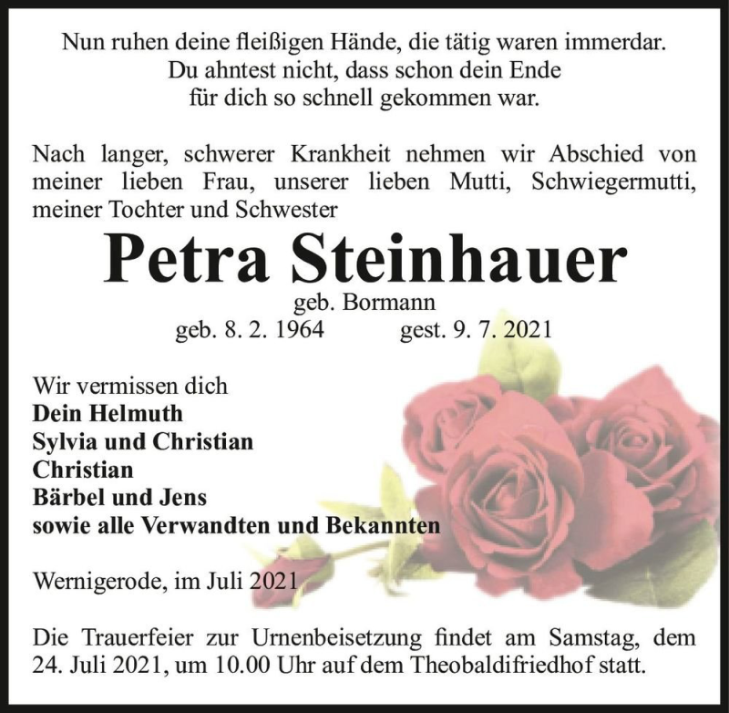  Traueranzeige für Petra Steinhauer (geb. Bormann)  vom 17.07.2021 aus Magdeburger Volksstimme