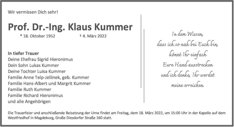  Traueranzeige für Prof. Dr.-Ing. Klaus Kummer  vom 12.03.2022 aus Magdeburger Volksstimme