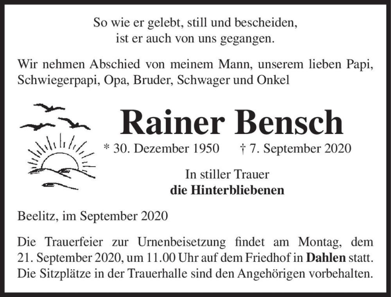  Traueranzeige für Rainer Bensch  vom 12.09.2020 aus Magdeburger Volksstimme