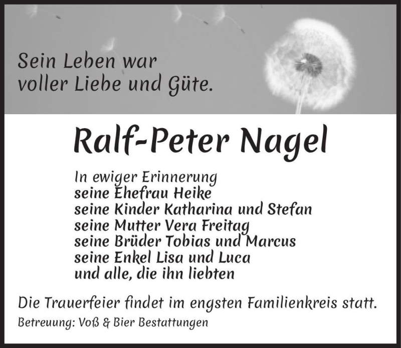  Traueranzeige für Ralf-Peter Nagel  vom 27.11.2021 aus Magdeburger Volksstimme