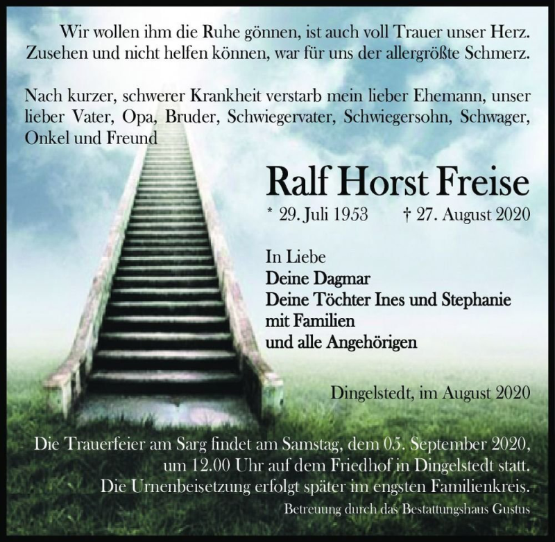  Traueranzeige für Ralf Horst Freise  vom 29.08.2020 aus Magdeburger Volksstimme